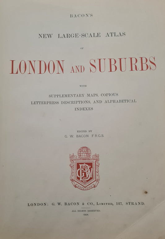 Vintage atlas titled 'London and Suburbs' with a visible brand logo on a colorful background.
