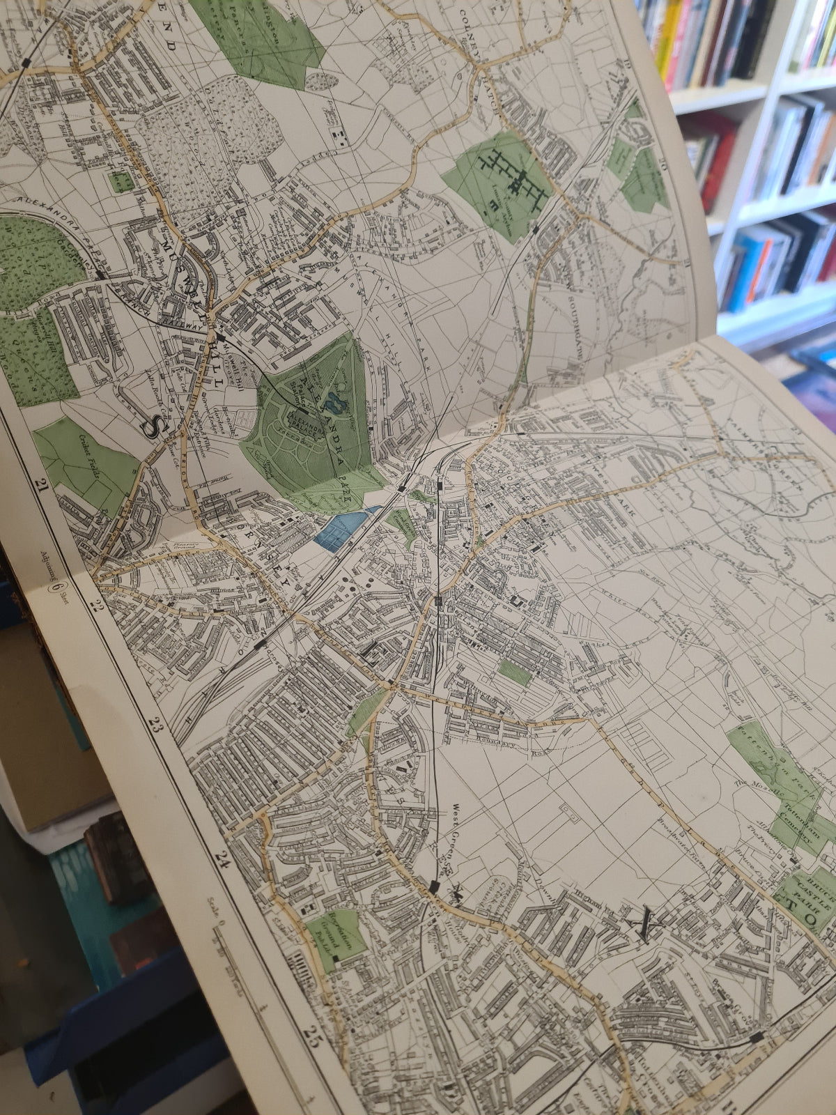 Map book open to a detailed map of a city layout.